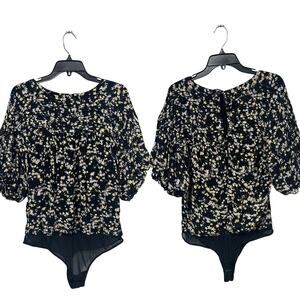 Free People Intimately Dessa Ditsy Floral Black Yellow Puff Sleeve Bodysuit Boho